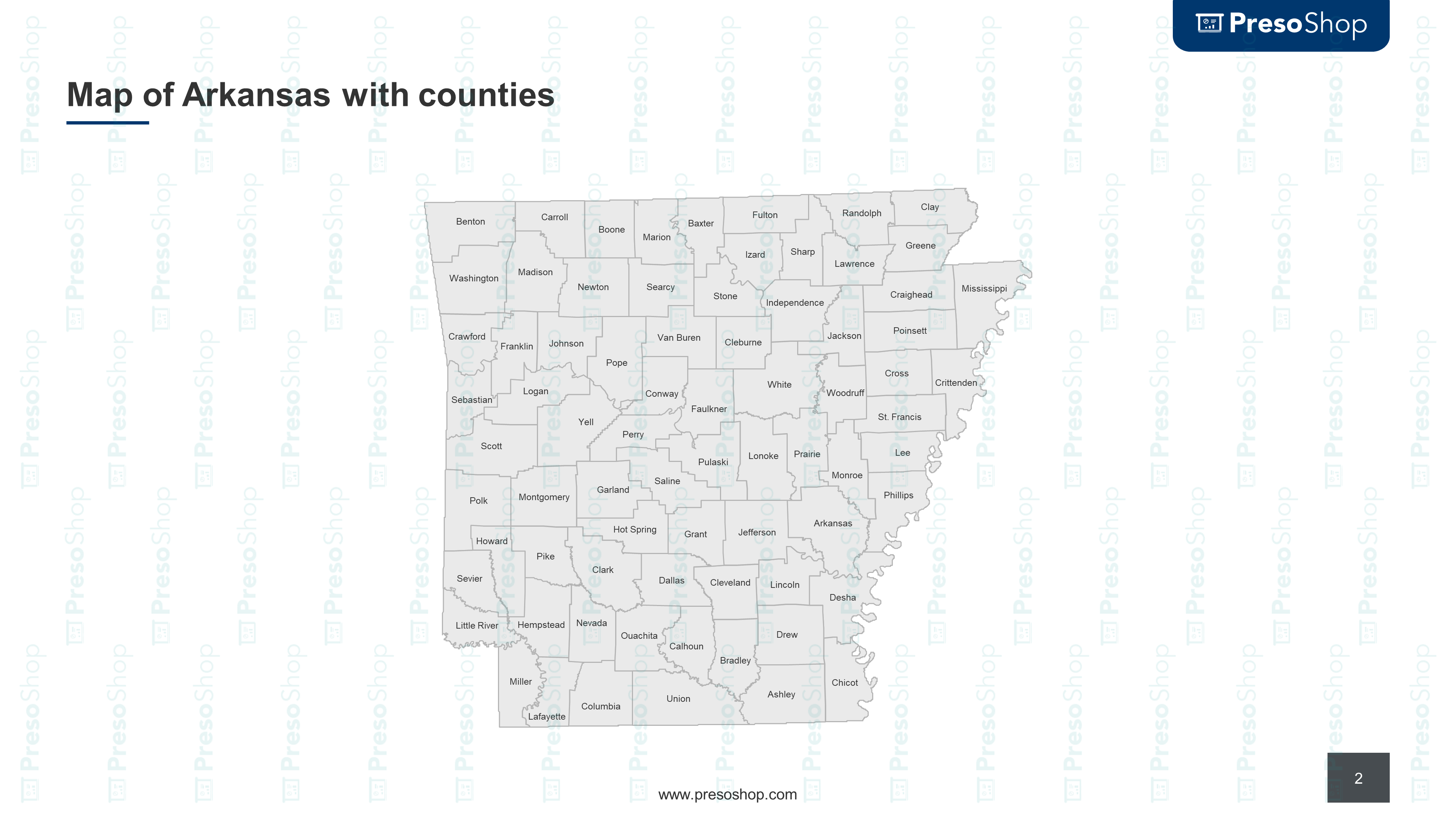 Map of Arkansas with counties – PresoShop
